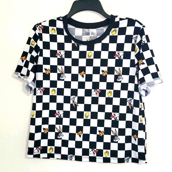 LOONEY TUNES Tweety Bugs Daffy Sylvester short sleeve checkerboard tee M 7-9 - Picture 4 of 7